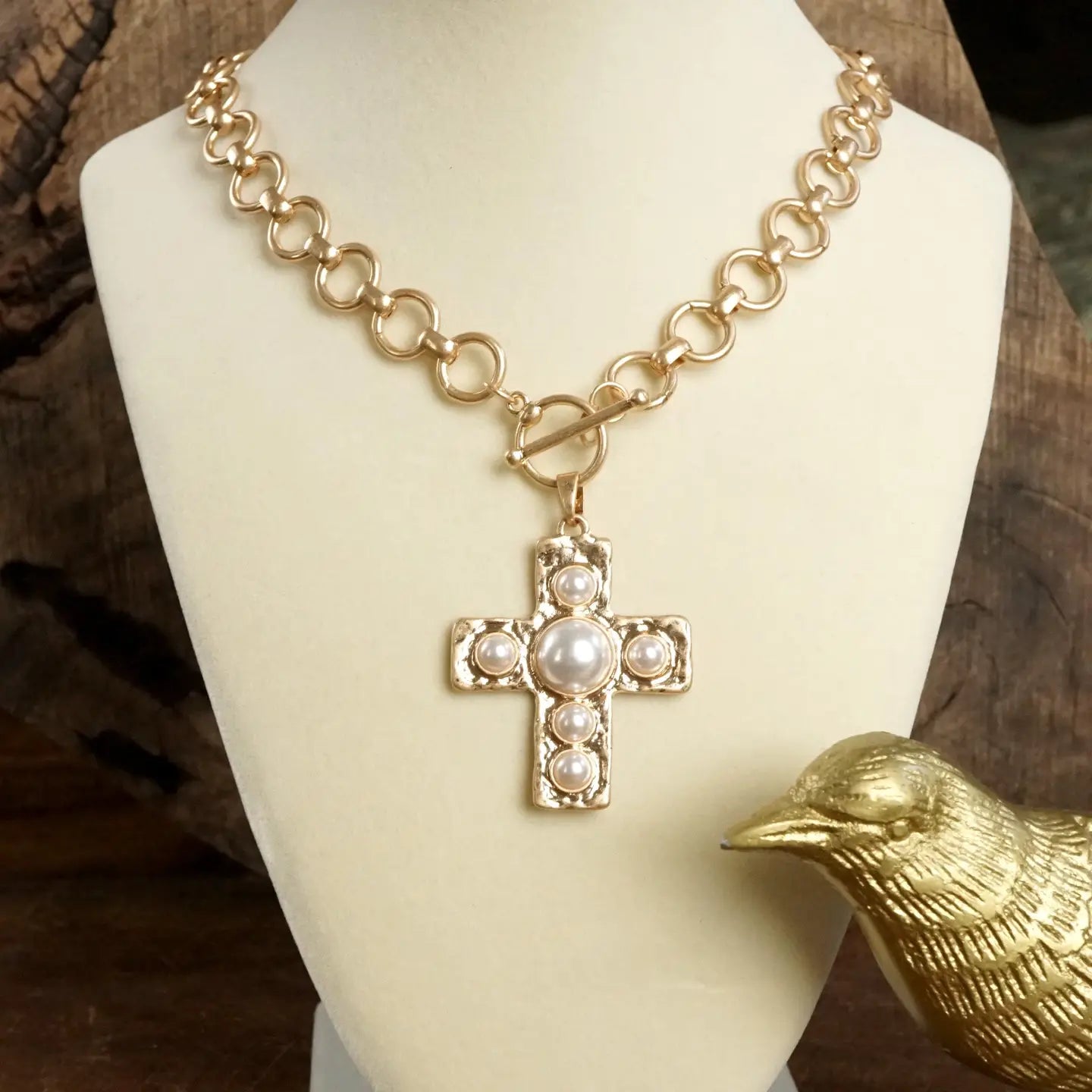 Primitive Cross Necklace – Worn Gold Tone