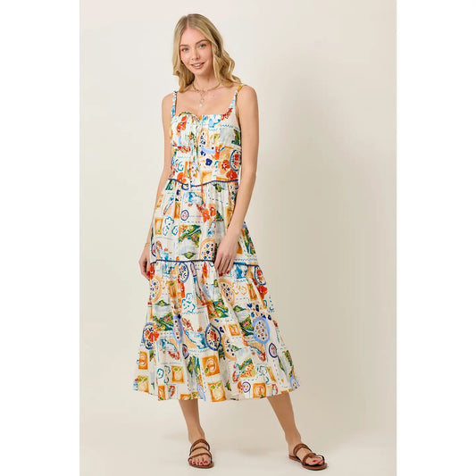 Mediterranean Tile Print Tiered Summer Sundress