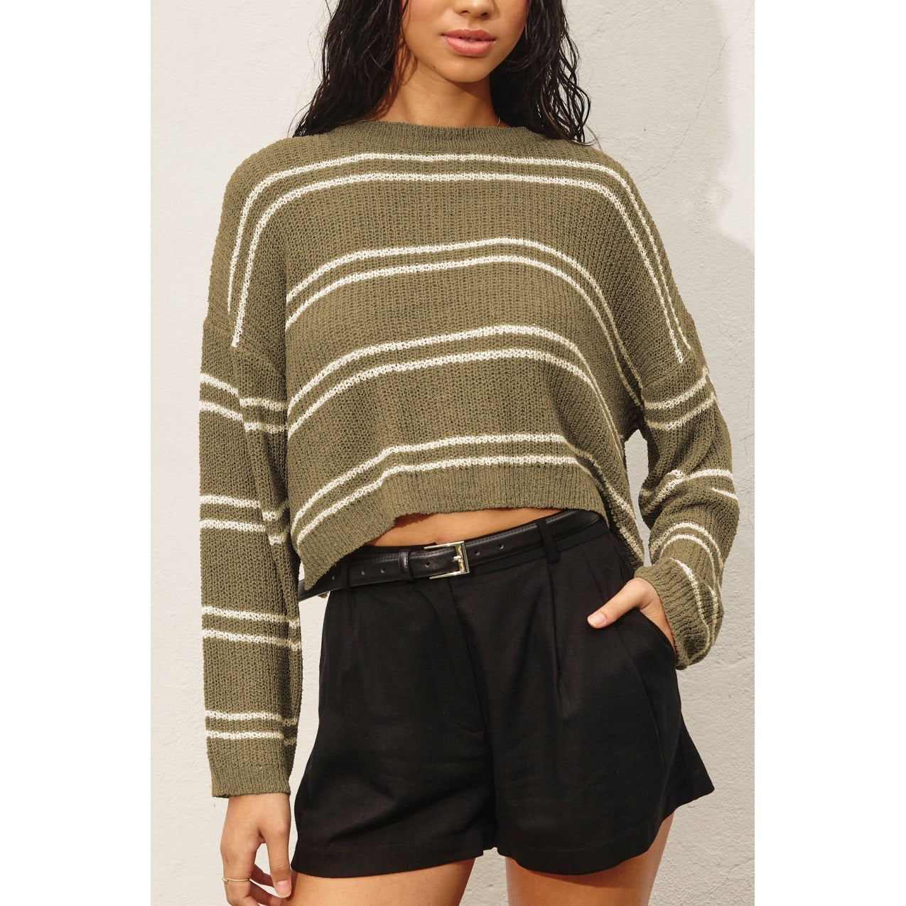Double Striped Long Sleeve Open Knit Top