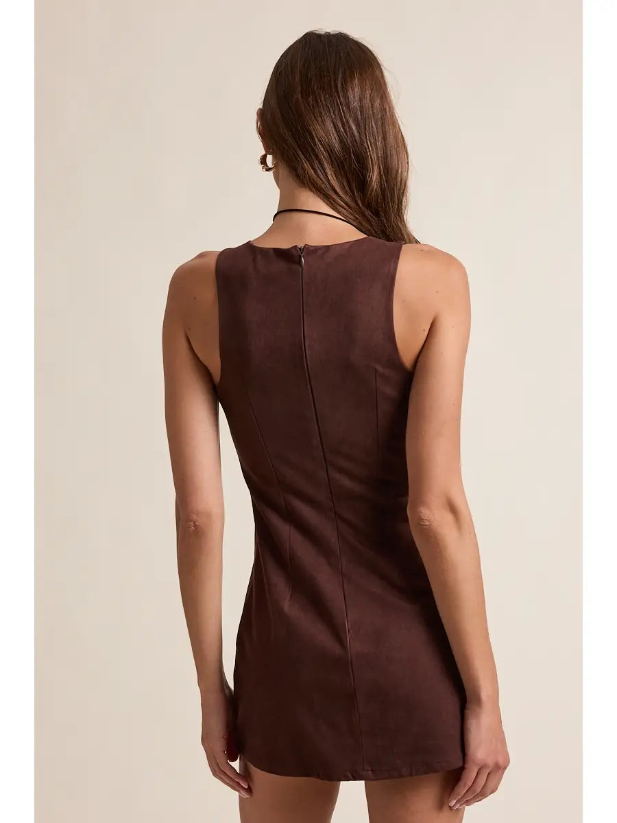 Dark Suede Boat Neck Inside Shorts Mini Dress