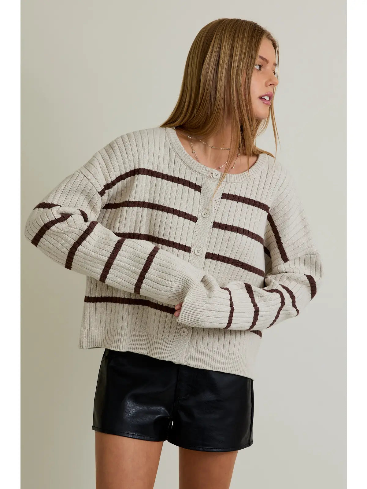 Long Sleeve Crew Neck Wide Ribbed Stripe Sweater Cardigan