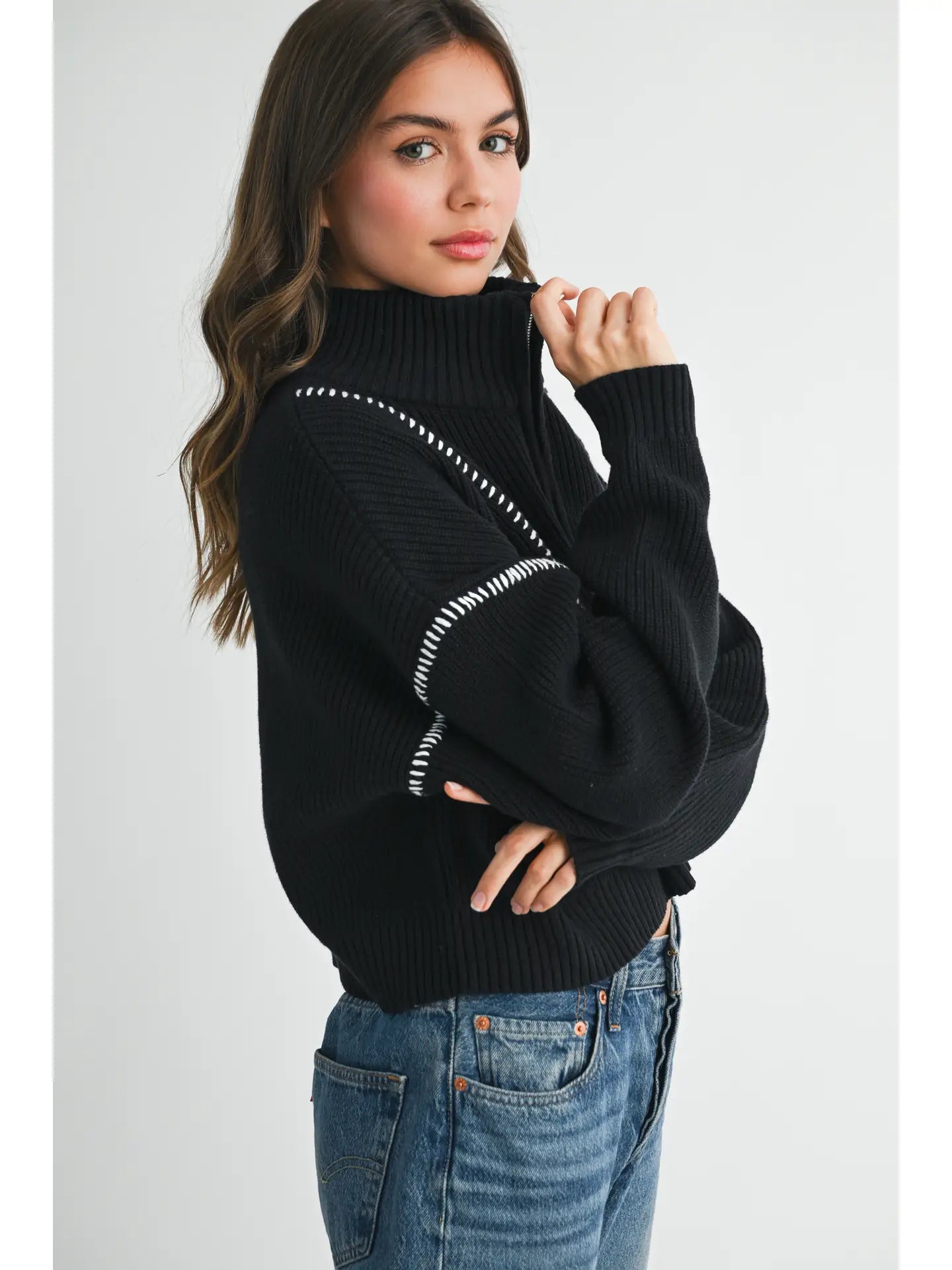 Contrast Stitch Quarter-Zip Sweater