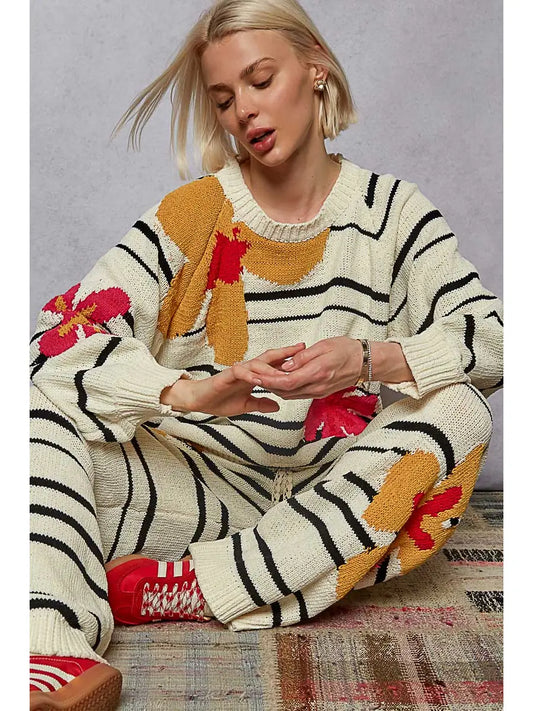 Round Neck Floral Pattern Striped Chenille Sweater Top