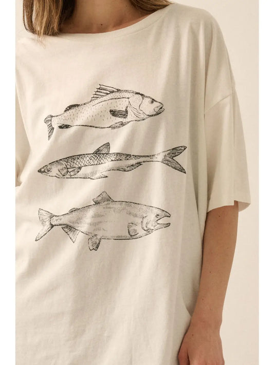 Three Fishes Garment-Washed Oversize Graphic Tee