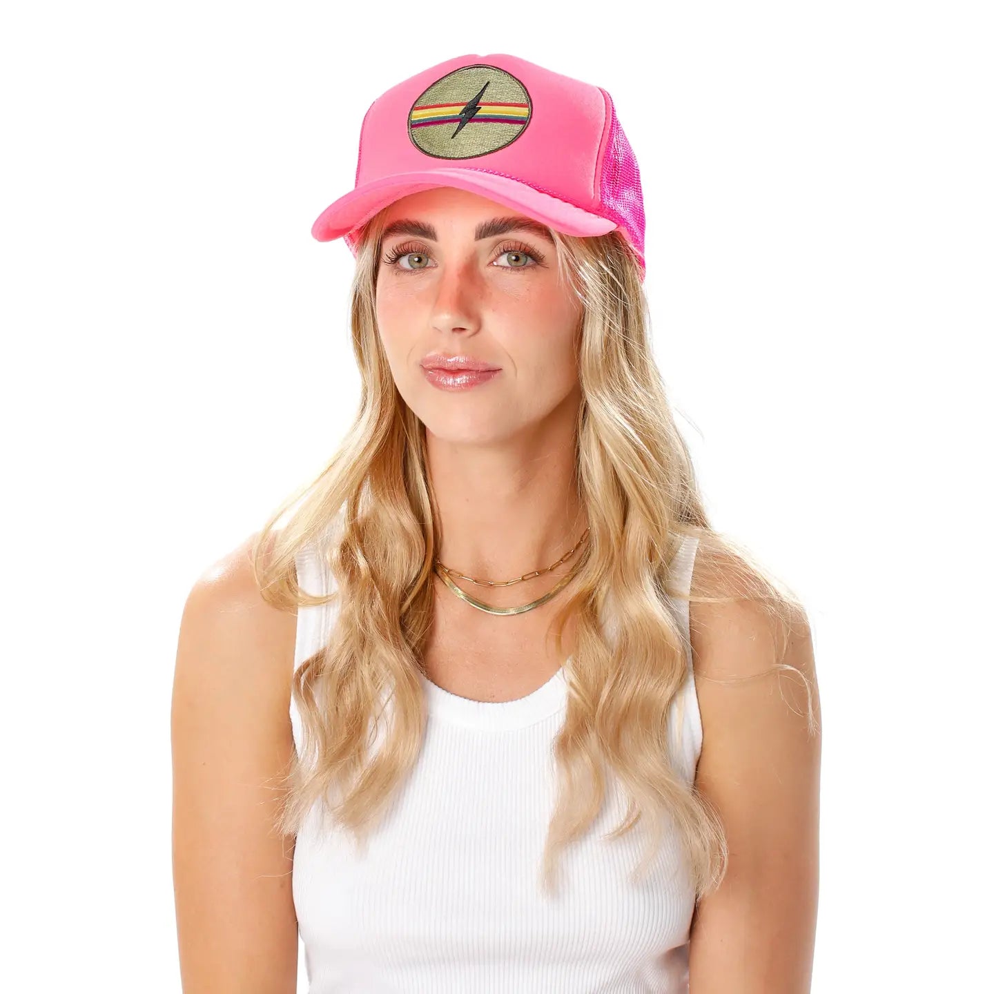 Electric Rainbow Trucker Hat in Pink