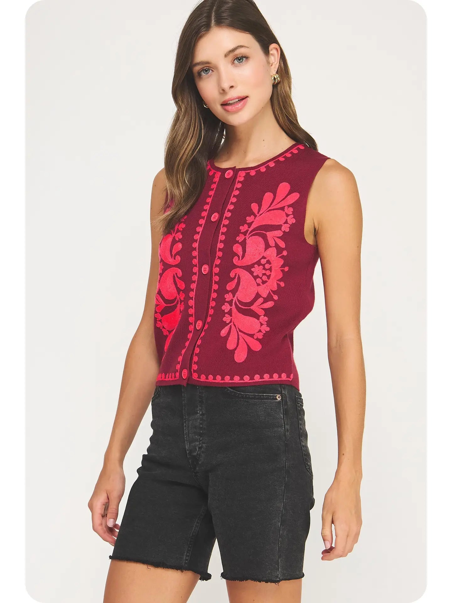 Embroidered Sleeveless Knitted Vest Top