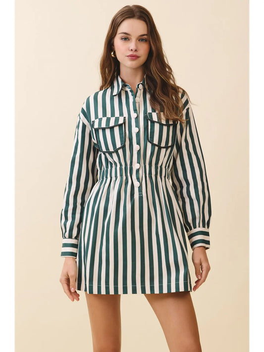 Vertical Striped Waist Elastic Band Shirt Dress