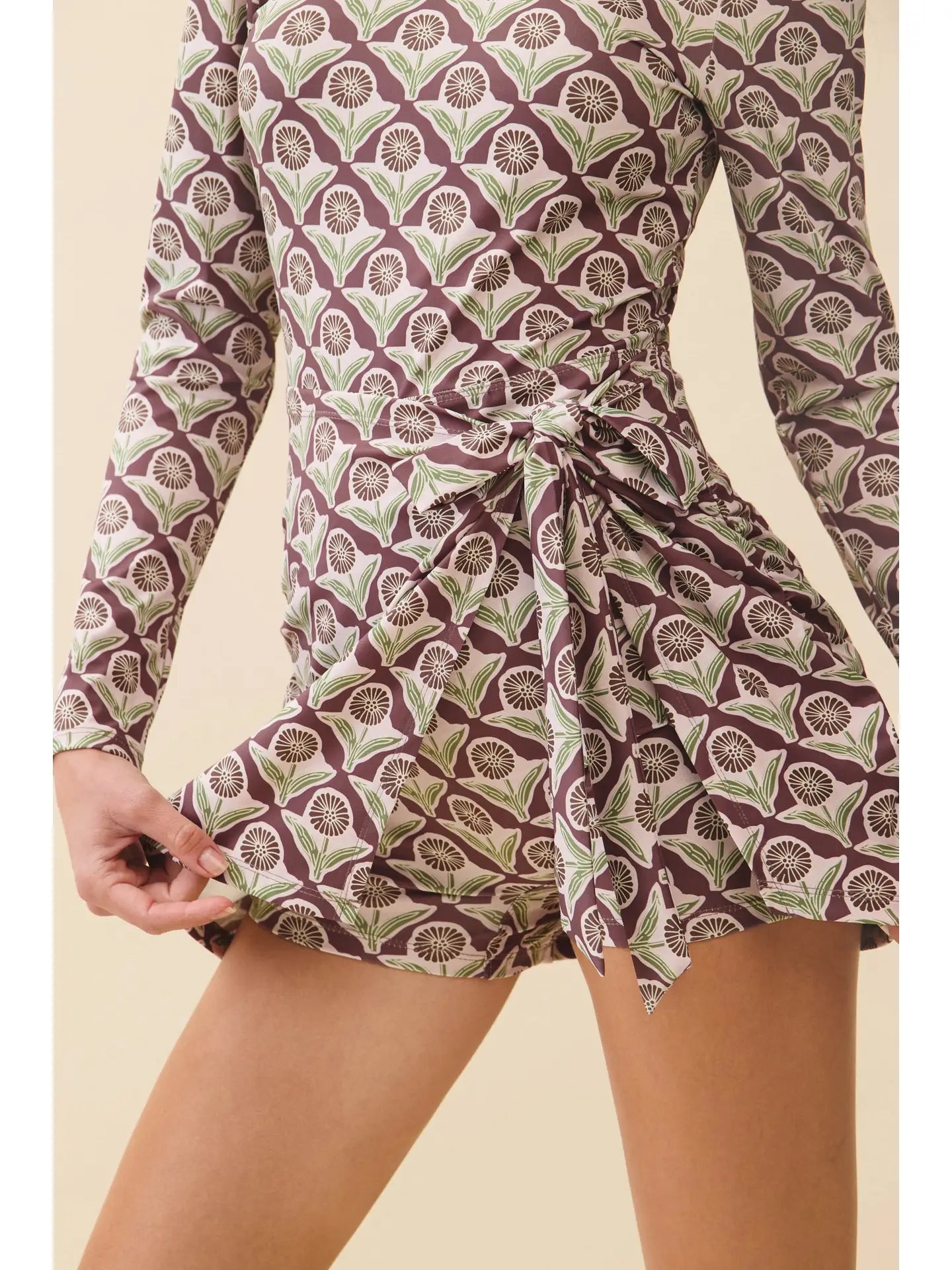 Printed Front Tie Drape Detail Bodycon Mini Dress