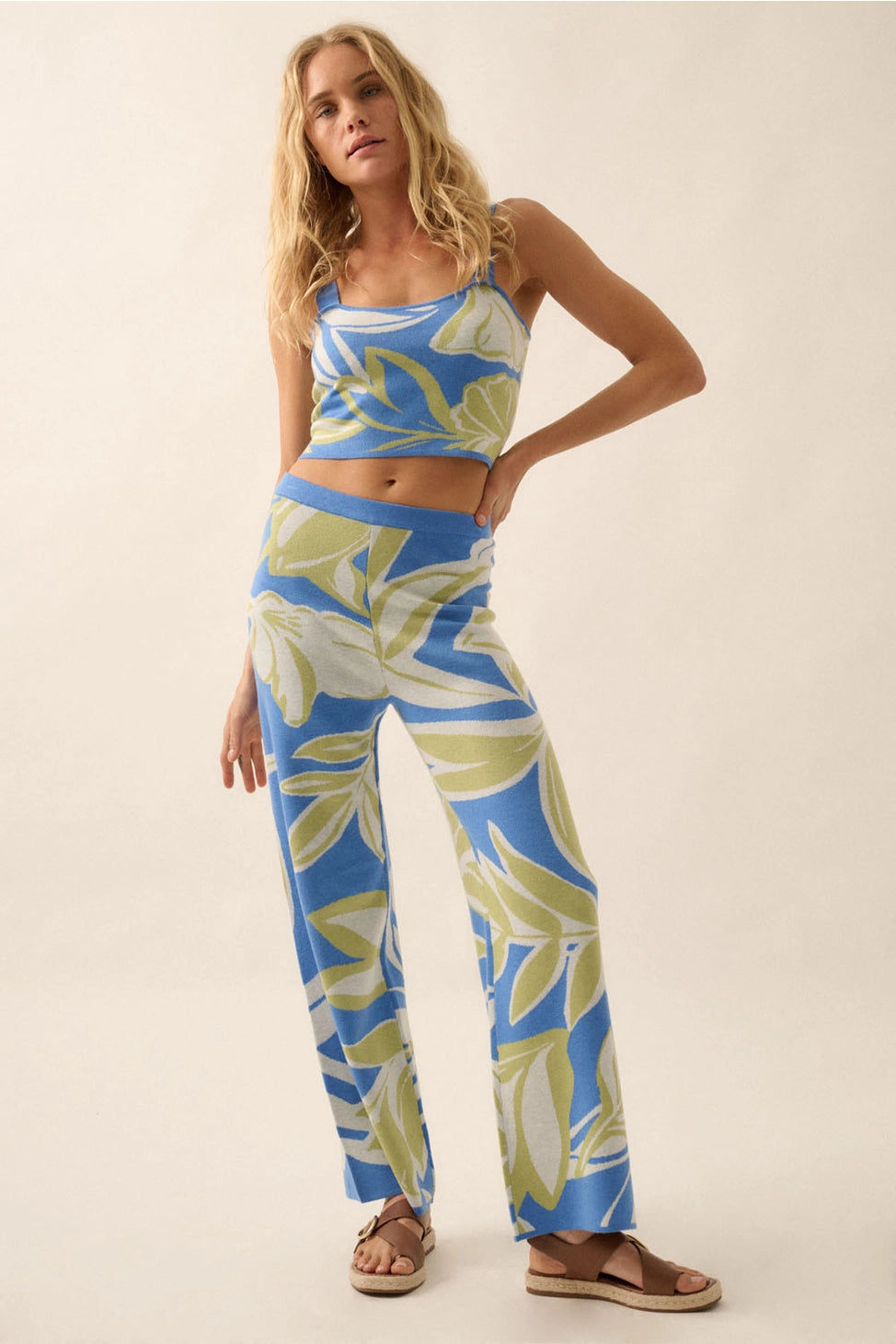 Floral Jacquard Knit High-Waist Sweater Pants