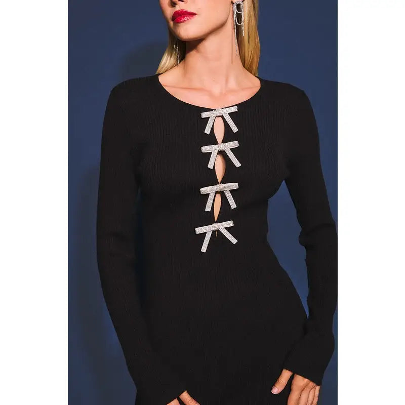 Bow Detail Long Sleeve Sweater Dress