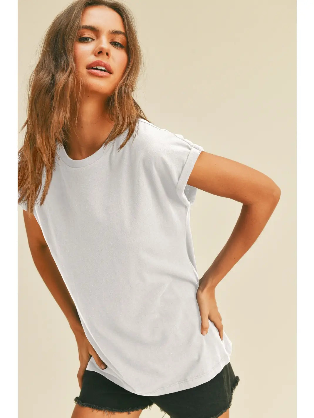 White Rolled Up Sleeve T-Shirt