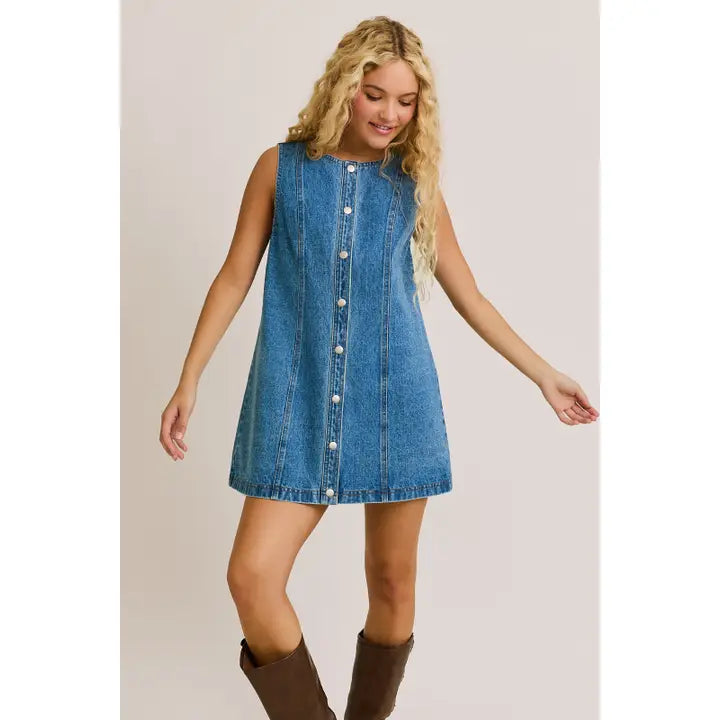 Sleeveless Round Neck Button Down Denim Mini Dress