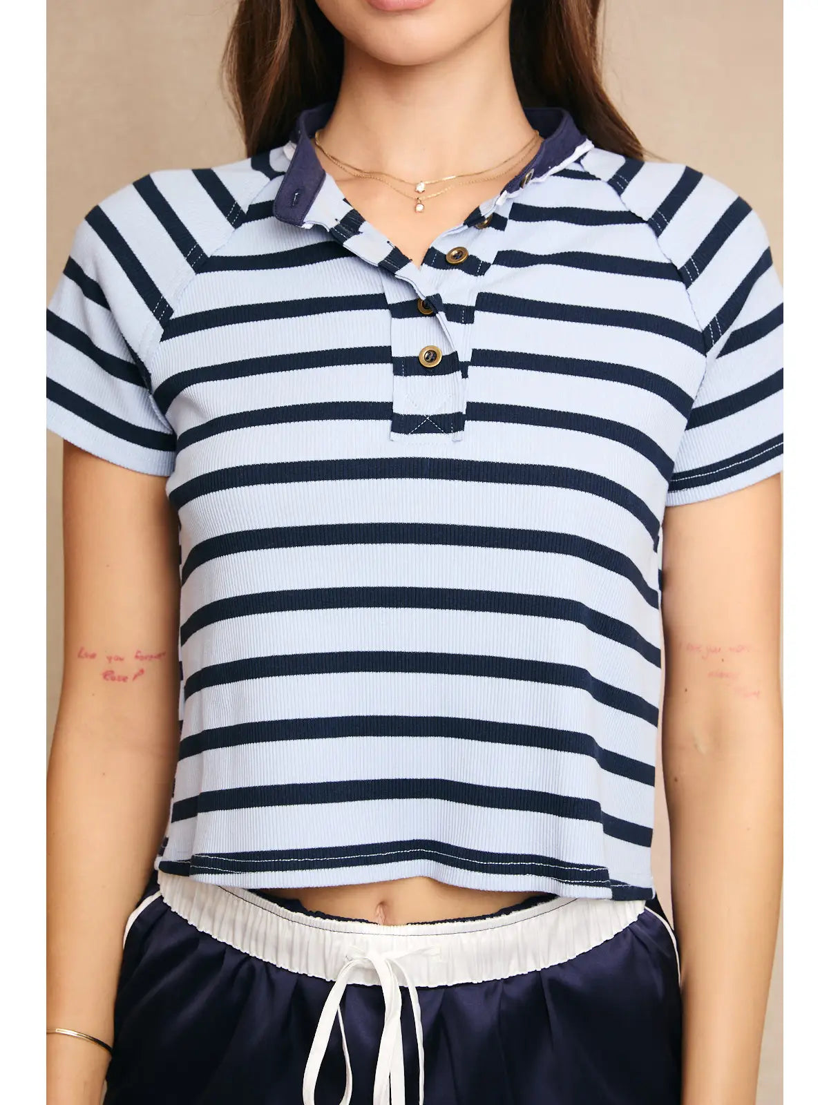 Stripe Short Sleeve Top with Contrast Neckband