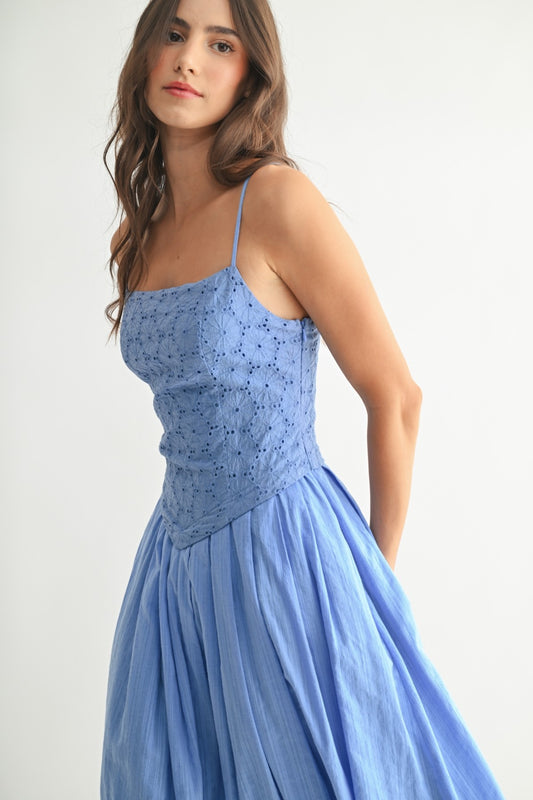 Blue Eyelet Lace Midi Dress