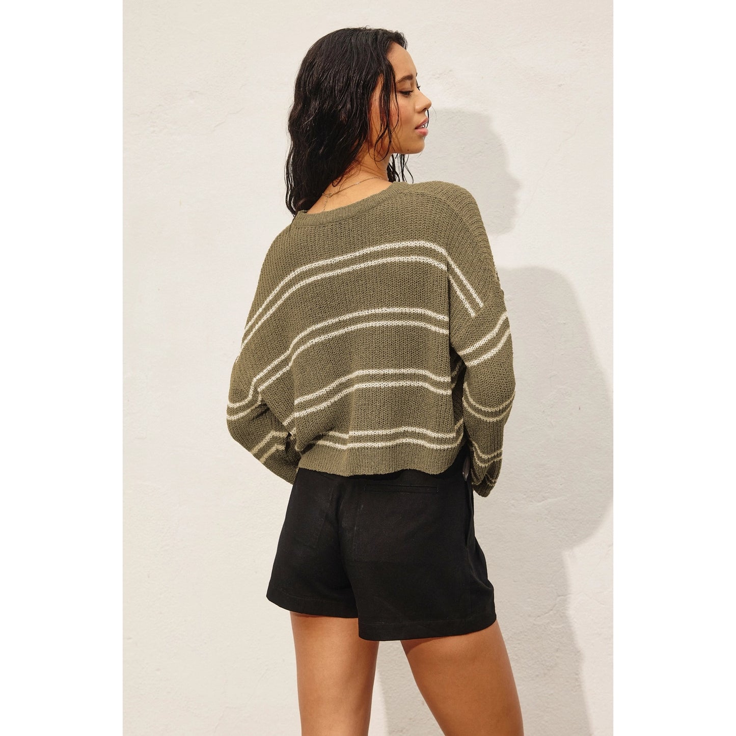 Double Striped Long Sleeve Open Knit Top