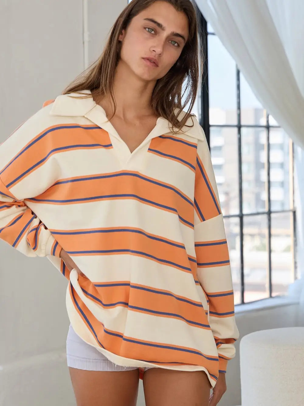 Contrast Collared Neck Striped Polo Tunic Top