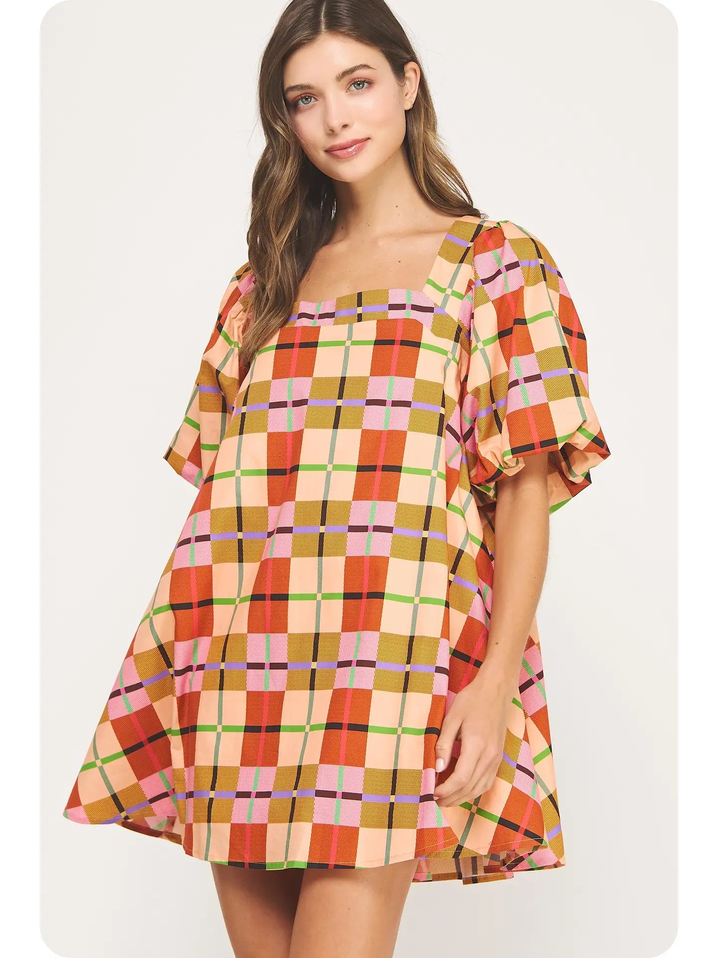 Plaid Puff Short Sleeve Babydoll Mini Dress