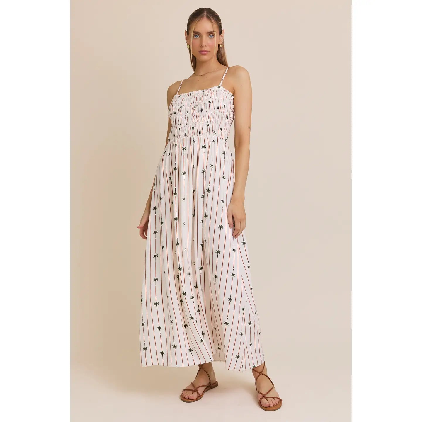 Palm Tree Sleeveless Linen Print Smocked Maxi Dress