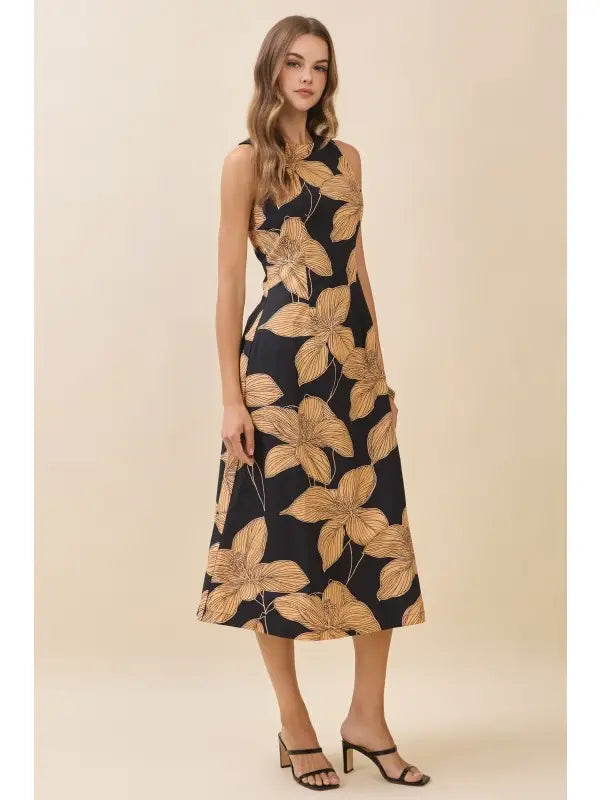 Bold Floral Print High Crew Neck Midi Dress