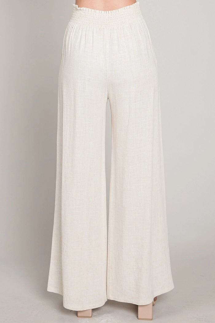 Soft Linen Smocked Waist Wide Leg Pants