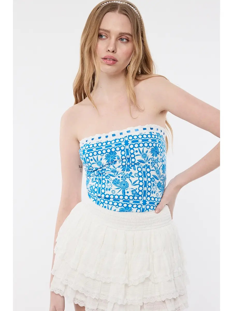 Vintage Floral Lace Trim Up Tube Crop Top