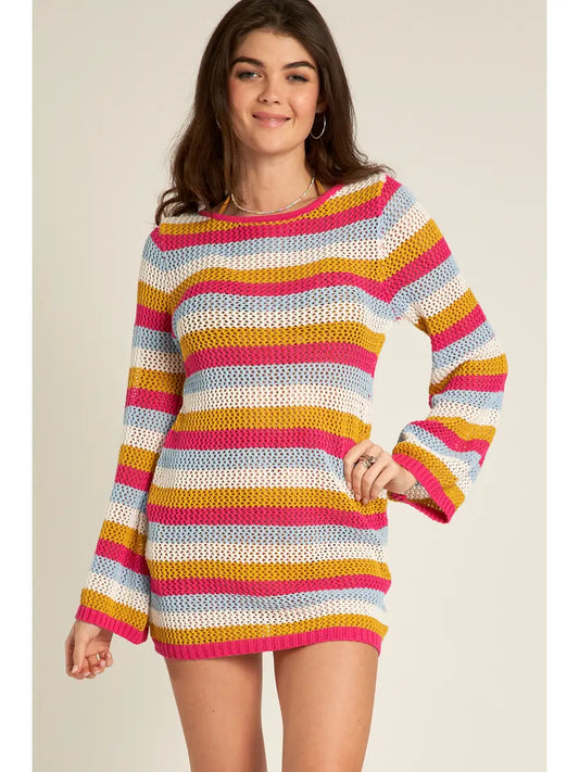 Multicolor Striped Crochet Mini Dress Coverup