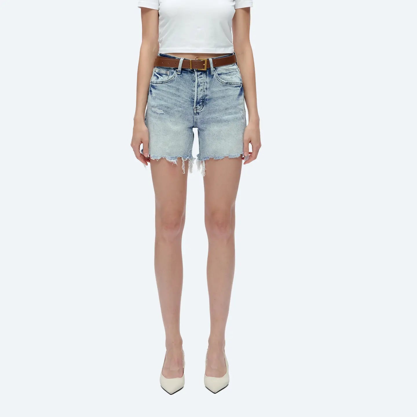 High Rise Denim Shorts with Frayed Hem