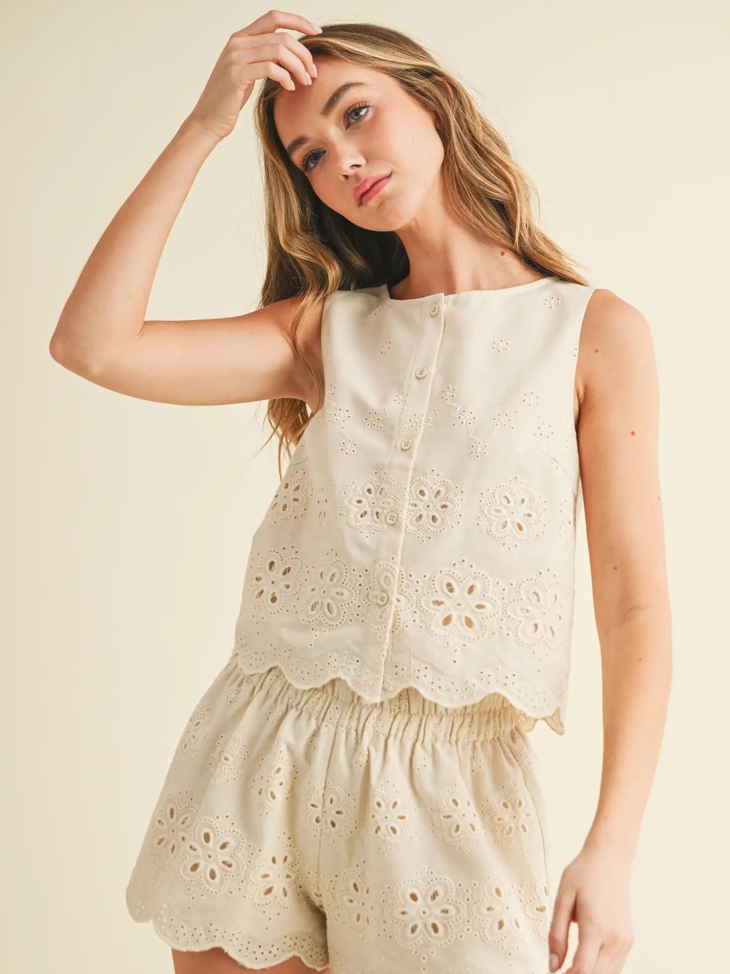 Floral Eyelet Embroidery Scalloped Hem Crop Top