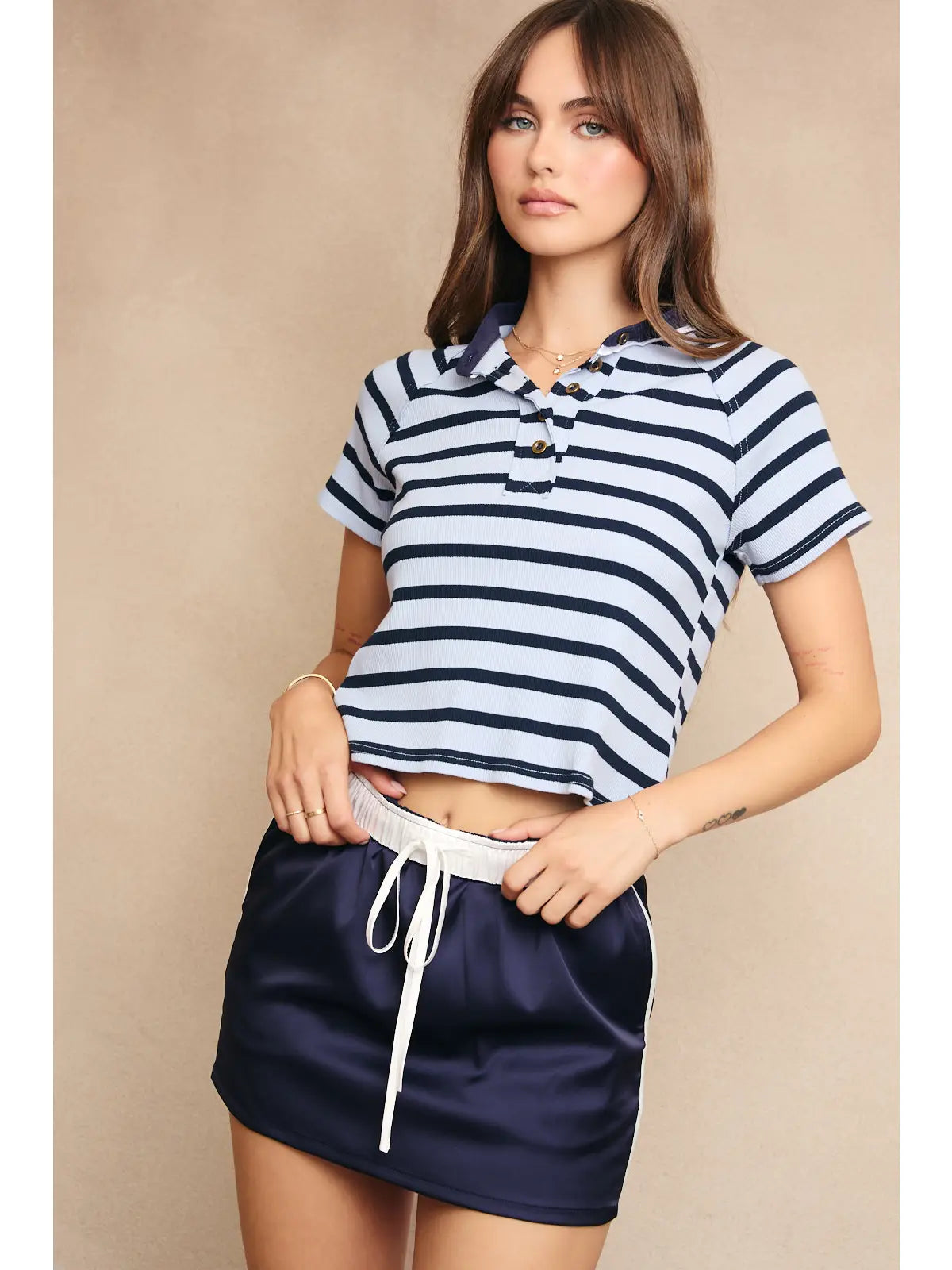 Stripe Short Sleeve Top with Contrast Neckband