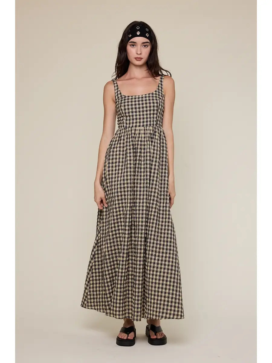 Checker Print U-Neck Sleeveless Plain Maxi Dress