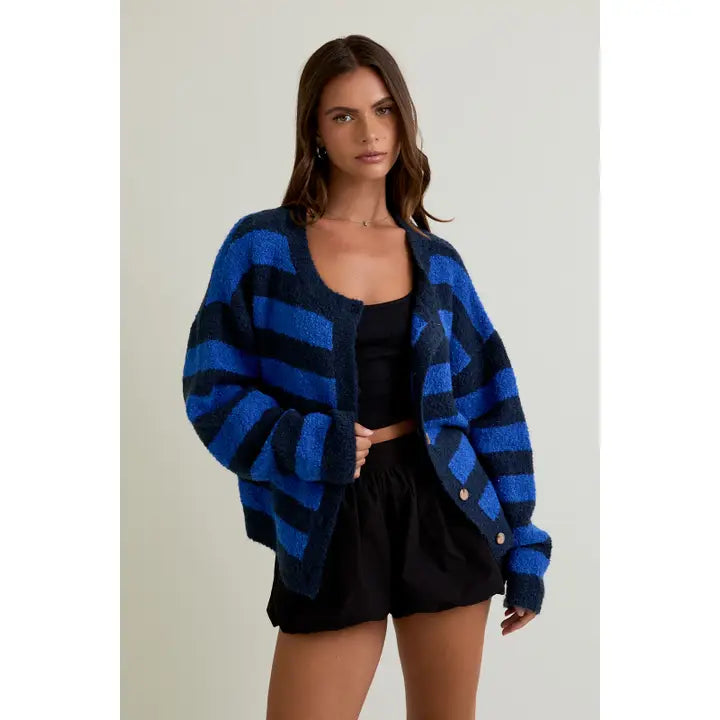 Round Neck Fuzzy Boucle Sweater Cardigan