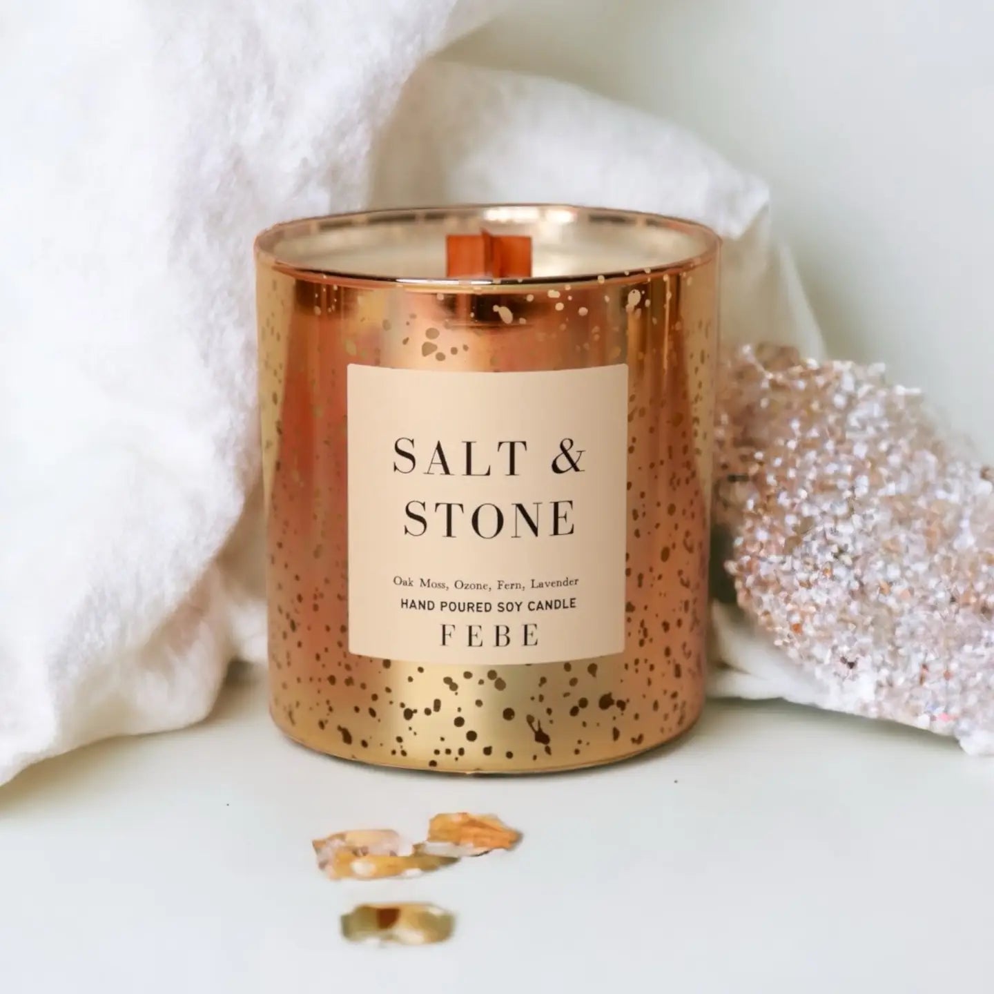 Salt & Stone - Oakmoss + Lavender 10 oz Gold Glass Candle