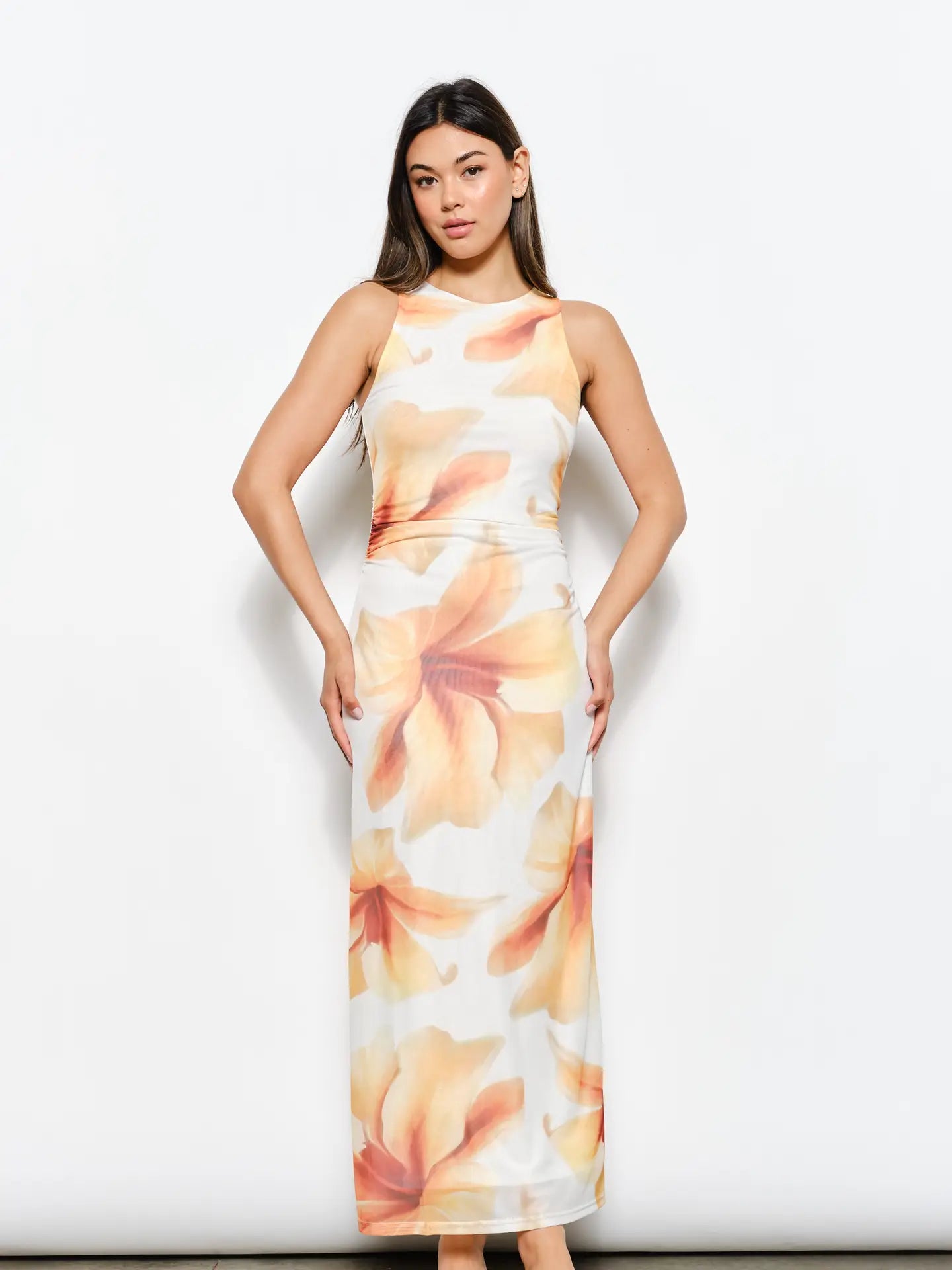 Print Mesh Ruching Detail Midi Dress