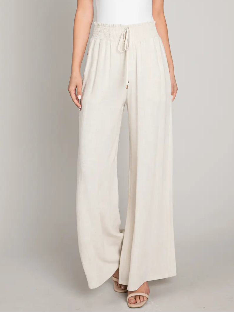 Soft Linen Smocked Waist Wide Leg Pants