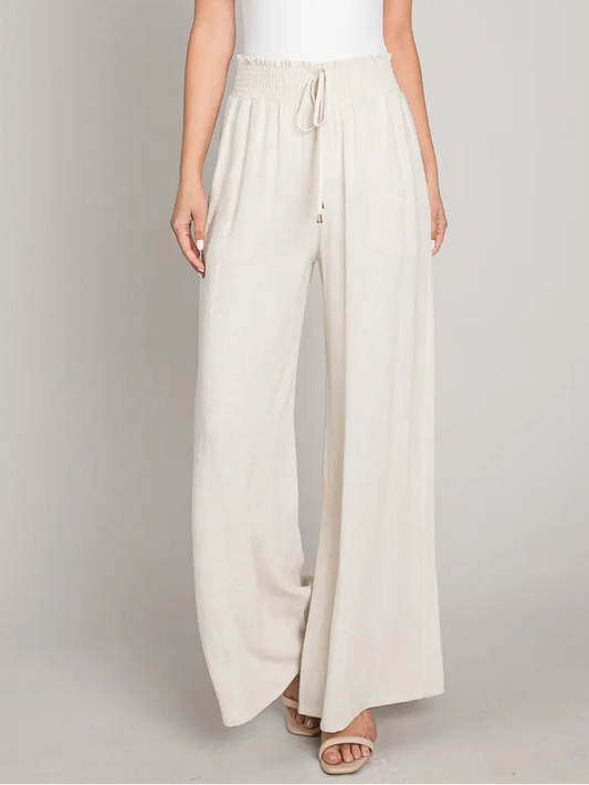 Soft Linen Smocked Waist Wide Leg Pants