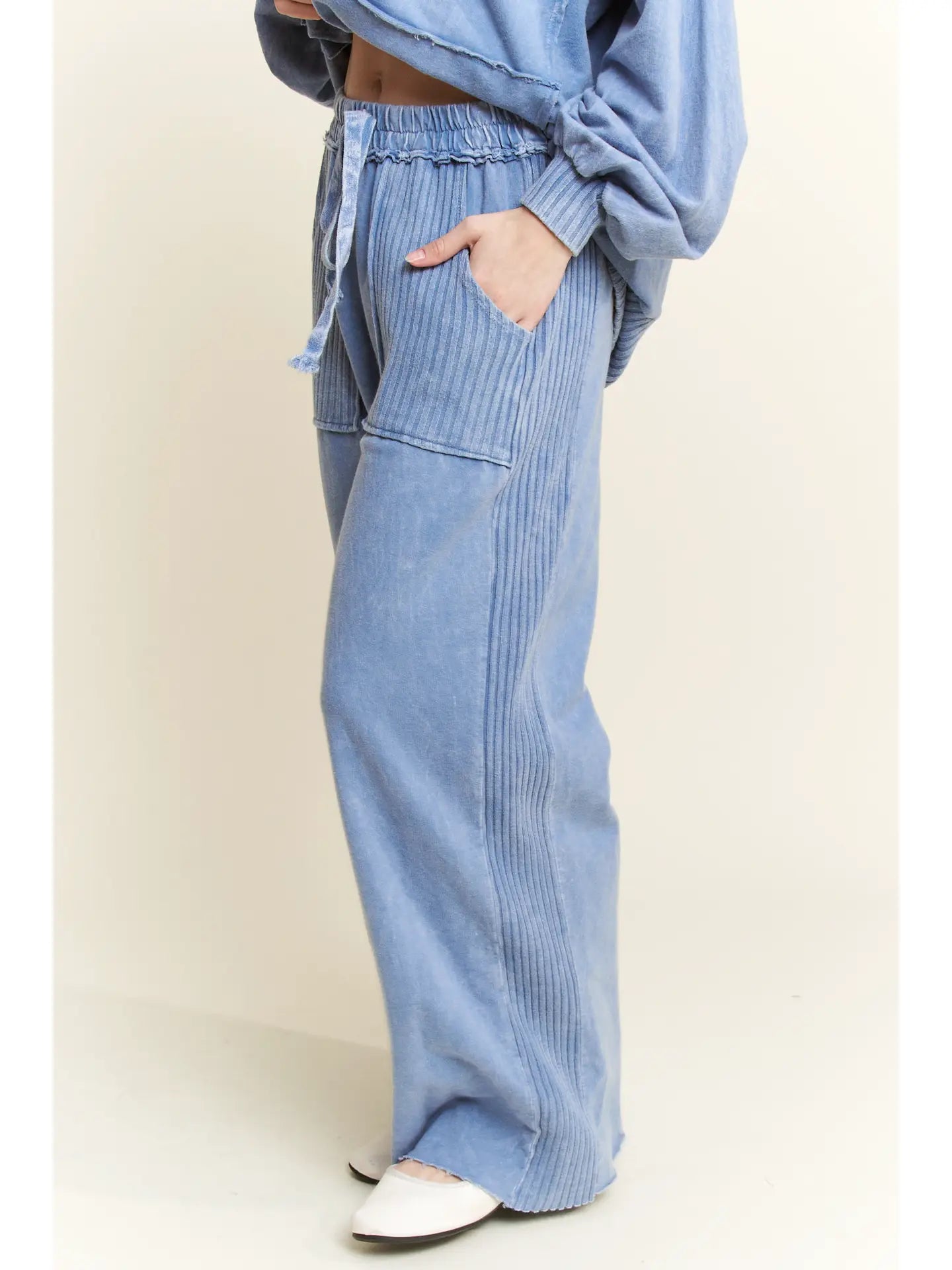 Mineral Wash Side Knit Detail Wide Leg Pants
