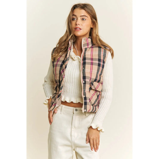 Crop Plaid High Neck Open Front Puffer Vest