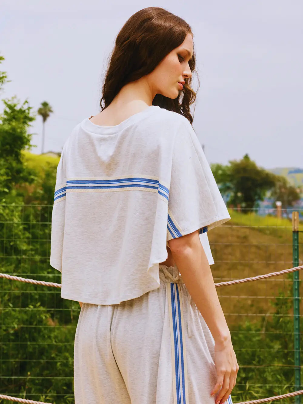 Tie Sleeves Stripe Trimmed Crop Top