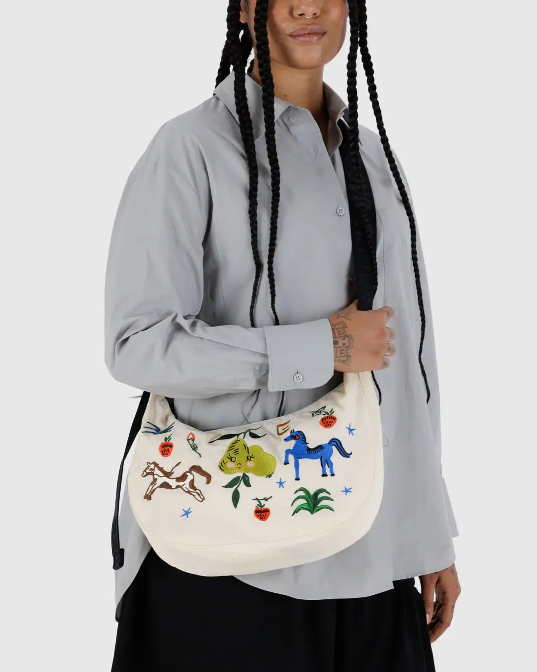 Medium Nylon Crescent Bag - Embroidered Painted Prairie Baggu