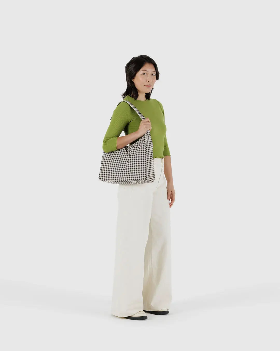 Black Gingham Nylon Shoulder Bag