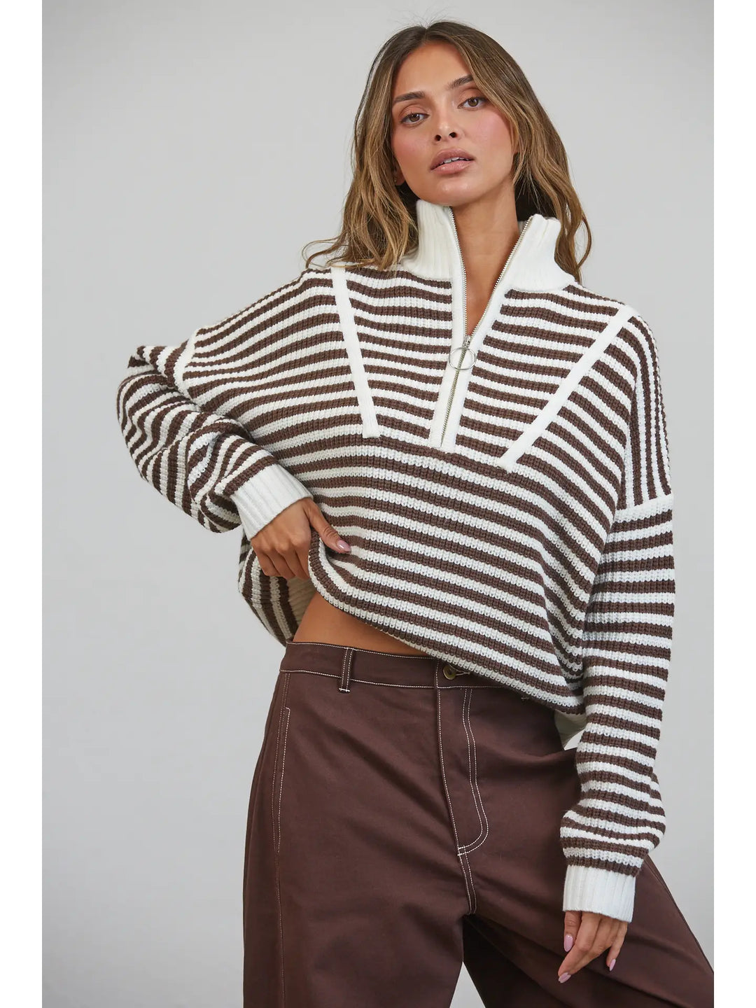 Half-Zip Striped Sweater-Brown
