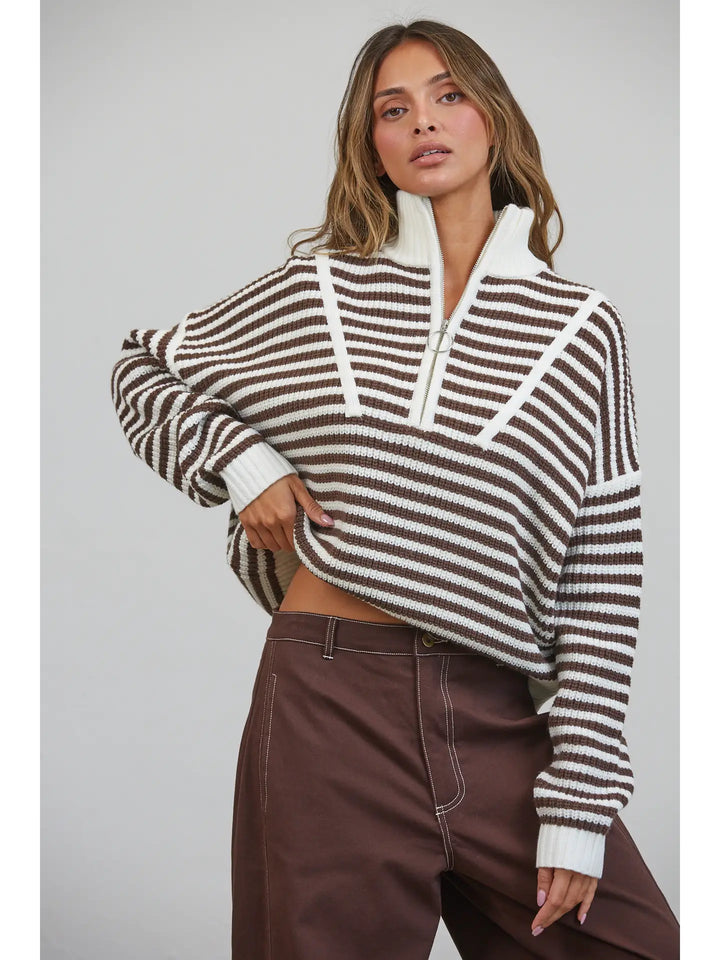 Half-Zip Striped Sweater-Brown