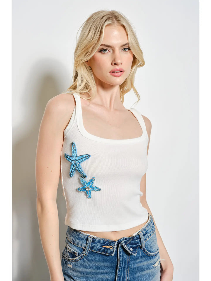 White Starfish Beaded Ribbed Tank Top