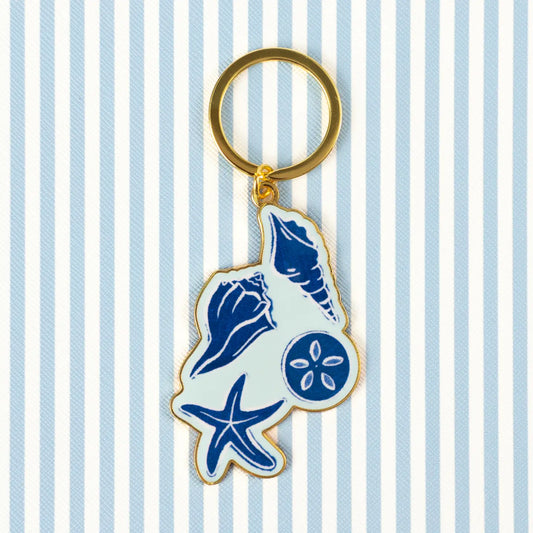 Blue Sea Shells Metal Keychain 2.5x1.5 in.