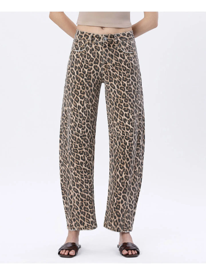 High Rise Leopard Print Barrel Jeans