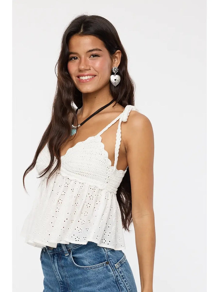 White Eyelet Crochet Bust Tie Strap Ruffle Top
