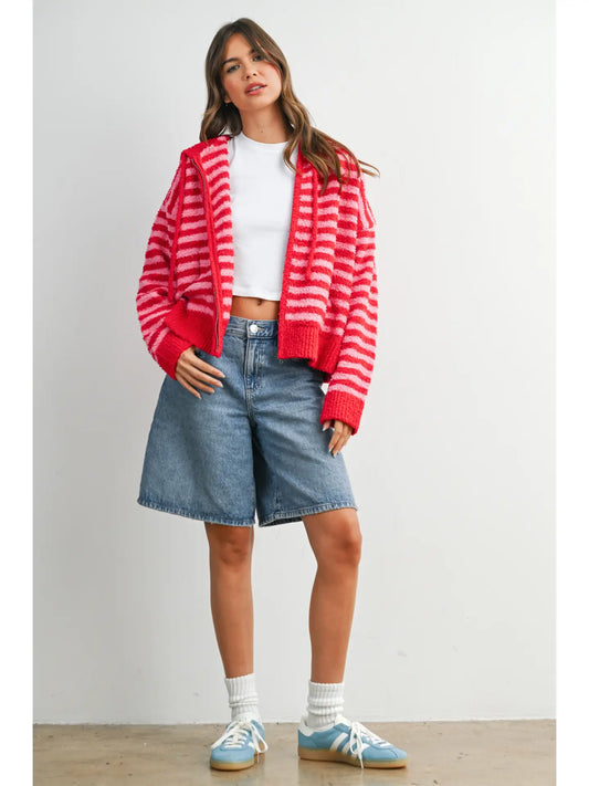 Striped Zip-Up Hooded Cardigan