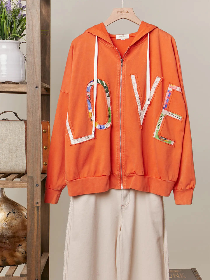 Zip Up Hooded Sweatshirt with Love Patchwork