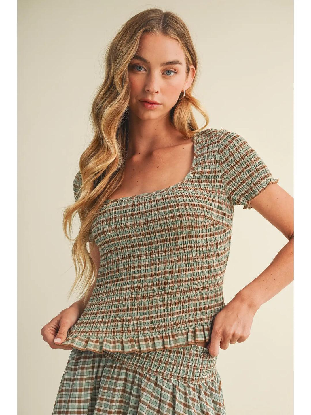 Square-Neck Smocked Plaid Blouse