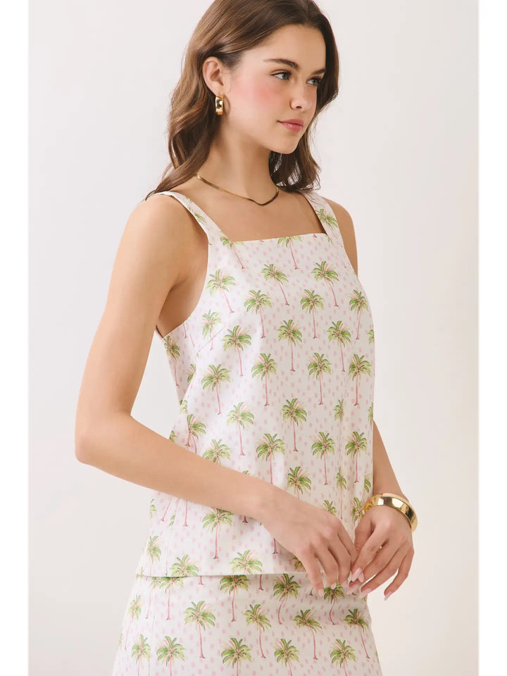 Palm Print Square Neck Sleeveless Top